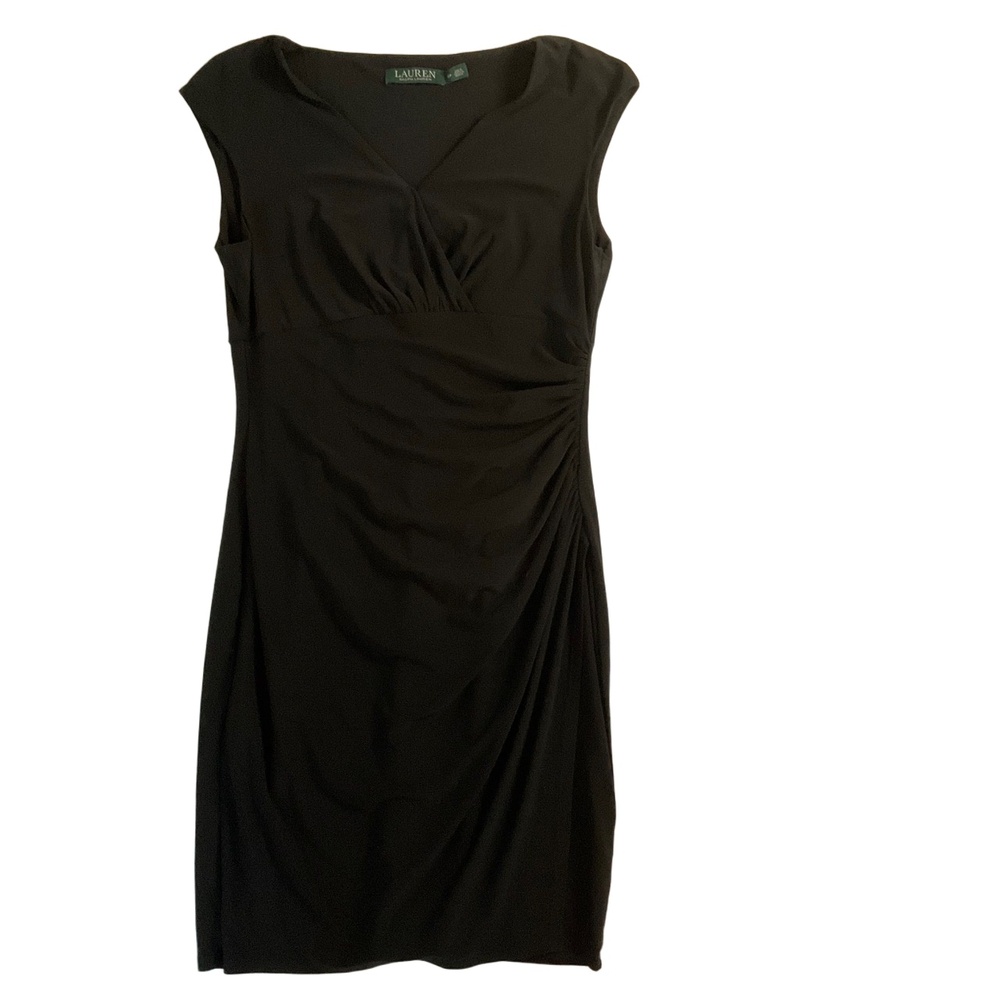 Lauren‎ Ralph Lauren Black Sleeveless VNeck Ruched Faux Wrap Sheath Dress Petite